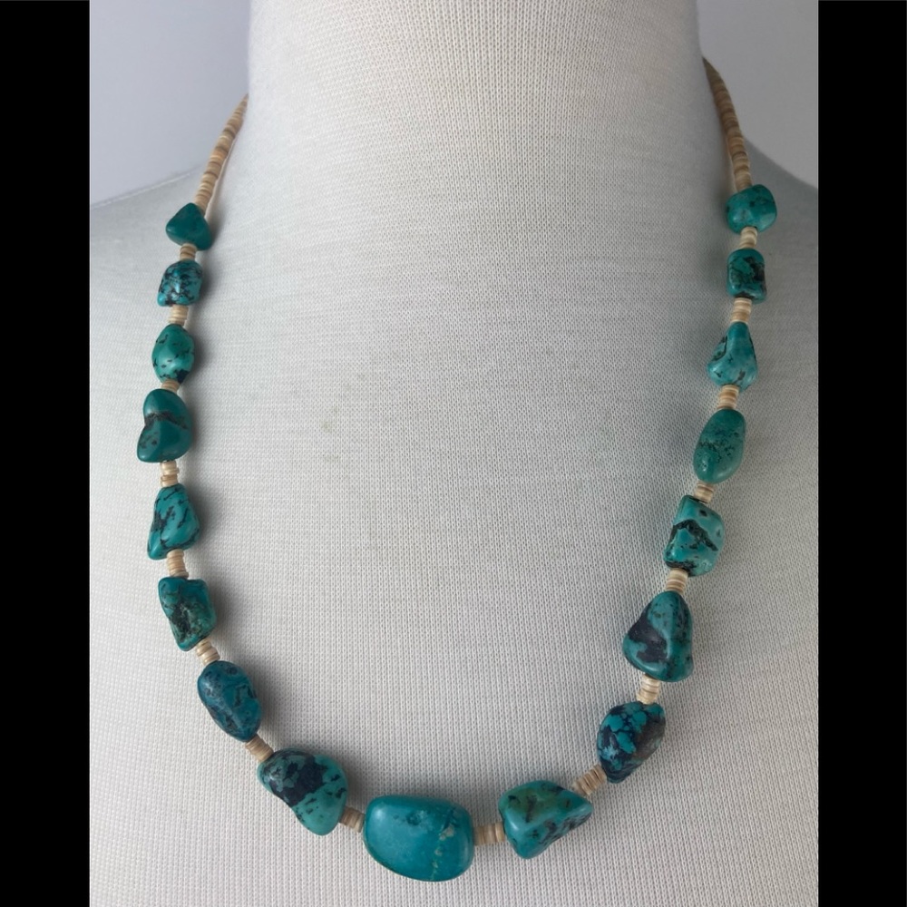 Turquoise Nugget And Heishi Shell Bead Sterling - Picture 4 of 11